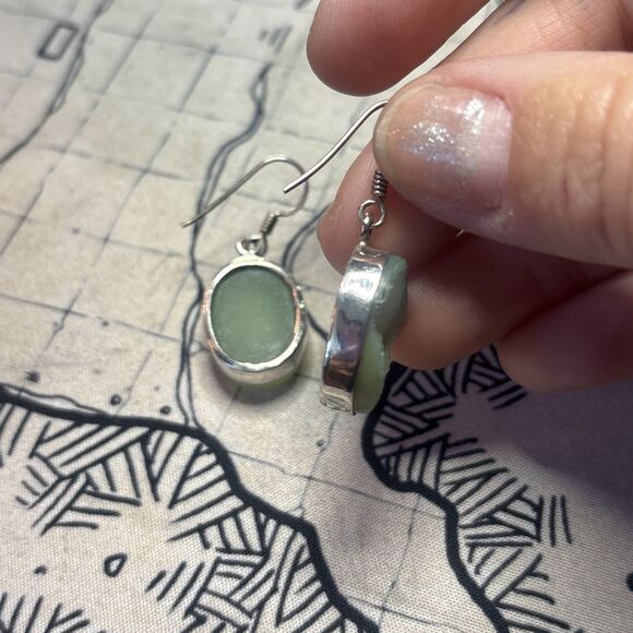 Teal Druzy 925 Sterling Silver Polished Stone Oval Shaped Dangle Earrings - Picture 3 of 6